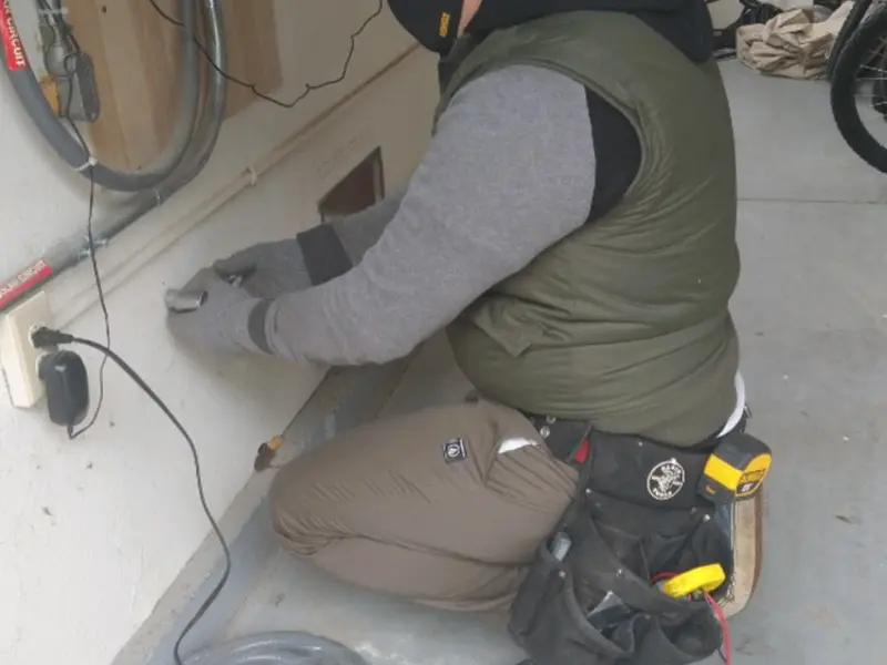 Electrician performing outlet wiring in a Bella Vista garage